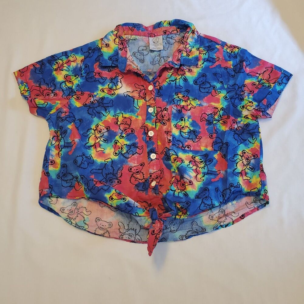 Vtg Greatful Dead Womens Sz L Cropped Tie Button Front Shirt Tie Dye Jerry Bears